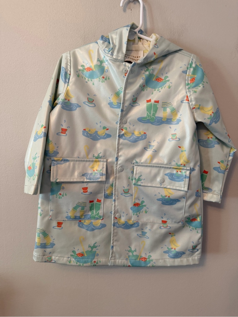 The Beaufort Bonnet Company Light Blue Duck & Rainboot Print Kids Raincoat